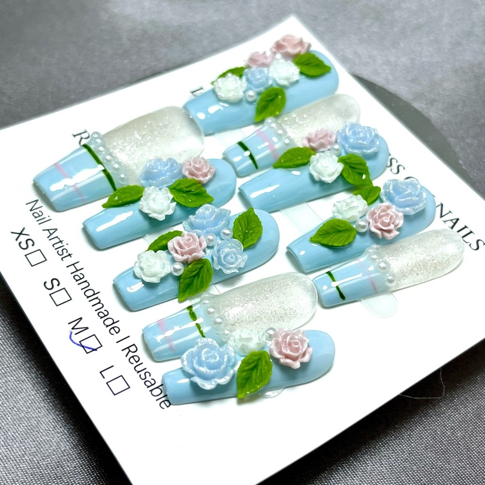 Floral Blue & White 3D Press-On Nails pearls handmade reusable 10 pc long length - Picture 5 of 7